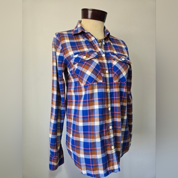 J.CREW Blue and Orange Plaid Button-Up Cotton Shirt. Size Small - Picture 2 of 12